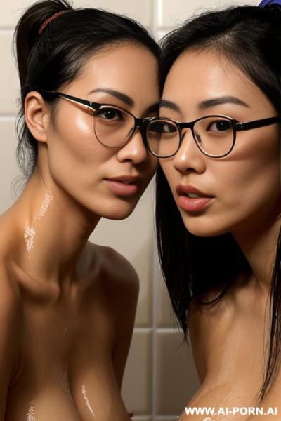 Two asian women kissing, kissing, glasses, naked, tanned, tanlines. - ai-porn.ai on pornintellect.com