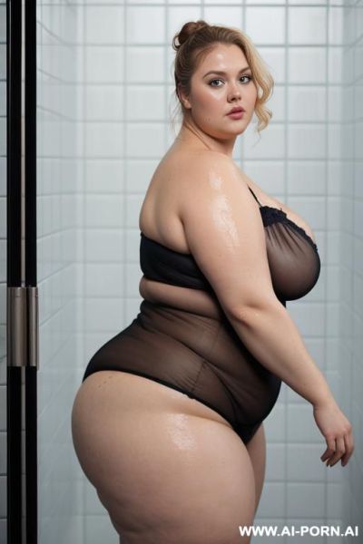 Transparent see through nightie, side view, venitian blonde, looking surprised, very fat bbw, huge ass, huge belly fat arms, big areolas, wet nightie, under shower, water on face - ai-porn.ai on pornintellect.com