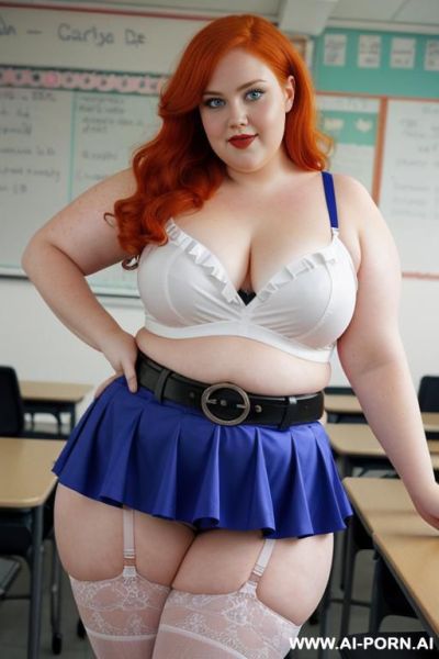 Half body photo shot close up, about at classroom, chubby ((obese but so hot)) redhead fat bbw curvy teacher, wearing a sexy and hot micro colorfull ruffle skirt, and stocking lingeries, sports top. teaching to the classroom. ((dynamic angle)) - ai-porn.ai on pornintellect.com