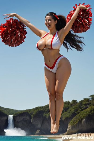 Topless huge breasts, excited cheer at jump apex arms in the air waving red white pompoms - ai-porn.ai on pornintellect.com