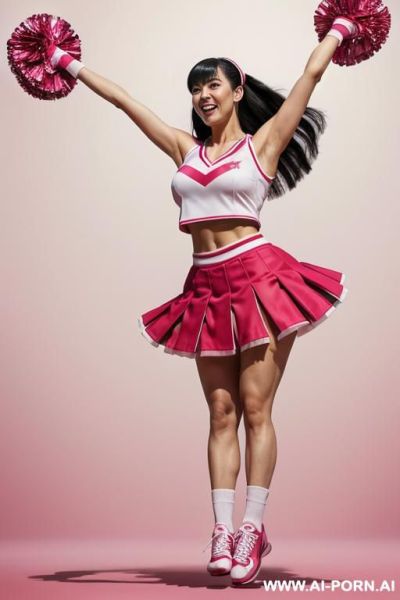Excited cheer at jump apex exding arms in the air waving red white pompoms - ai-porn.ai on pornintellect.com