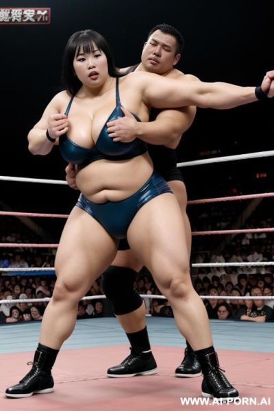 Otaku asian beauty, buxom, beautiful and sensual, obese and muscled bulked up, huge thighs, in the wrestling ring squashing a weak man - ai-porn.ai on pornintellect.com