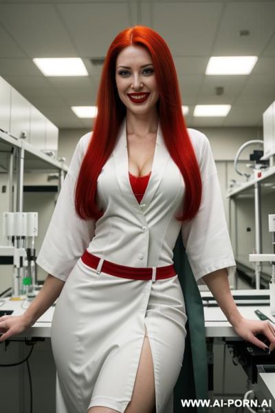 Beautiful. big boobs. green eyes. red hair. full lips. red lips. hourglass figure. wearing a closed laboratory robe, shirt and long skirt. in a laboratory. with machinery - ai-porn.ai on pornintellect.com
