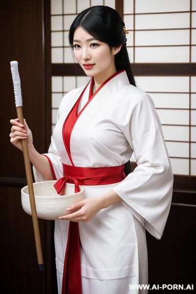 A oracle is cleaning temple, white and red traditional clothes - ai-porn.ai on pornintellect.com