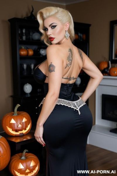 Talk show host, gigantic fake breasts, teapered waist, sexy body, fully nude, full body view, plastic surgery face, bangs, long blond hair, big blue eyes, full lips, high cheek bones, square - ai-porn.ai on pornintellect.com