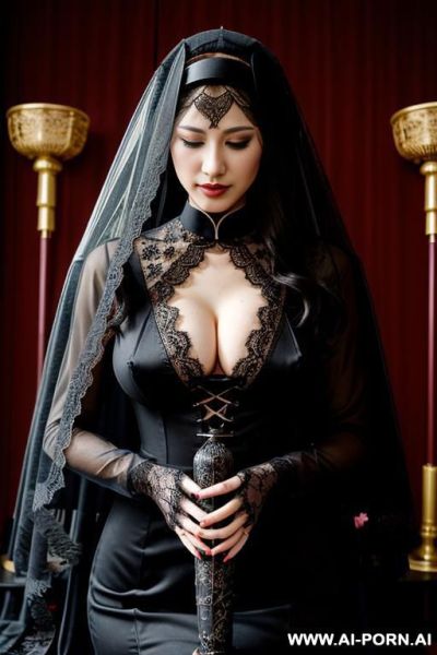 Pet collar, monstrous, (((lace veil ))), black clothes, many nun praying for a big dildo - ai-porn.ai on pornintellect.com