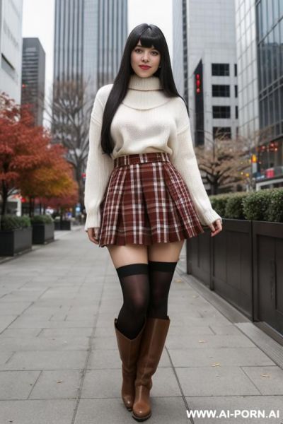 Black straight hair, ((long hair)), bangs, proud face, long white sweater, red checked skirt, brown boots, (thick thighs:1.1), lifting up her skirt by herself, hold the skirt and lift it up, flash hairy pussy, hairy pussy, standing, downtown - ai-porn.ai on pornintellect.com