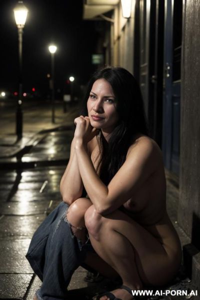 A beautiful woman in her mid-20s, sitting alone on a cold, cracked sidewalk at night, under a dim streetlight. she is nearly unclothed, wearing only torn, mal clog, portraying the impact of - ai-porn.ai on pornintellect.com