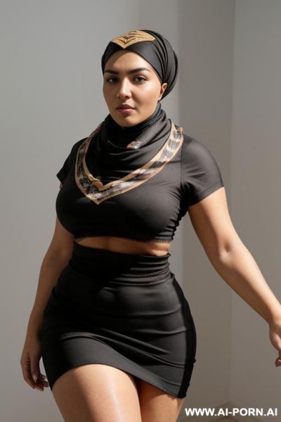 Arabic milf, (((((black arabic head scarf))))), brown skin, (((very wide hips))), extremely wide hips, dark brown nipples, (((exposed boobs))), nude, big hard brown nipples with big areolas. black skirt, selfie - ai-porn.ai on pornintellect.com