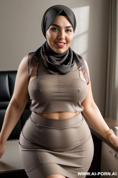 Arab milf, (((((black arabic head scarf))))), brown skin, very wide hips, extremely wide hips, dark brown nipples, exposed tits, nude, big hard brown nipples with big areolas. black skirt, selfie - ai-porn.ai on pornintellect.com