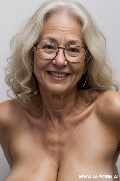 Direct eyecontact with viewer. very wrinkled, grandma, aging mark, smiling, glasses, saggy tits, - ai-porn.ai on pornintellect.com