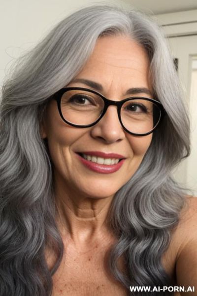 Direct eyecontact with viewer. grey hair, glasses, saggy tits, cum on face, cum on tits - ai-porn.ai on pornintellect.com