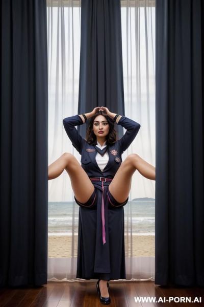 (create a high-resolution portrait of a confident, curvy woman sex sestanding indoors near a neutral curtain backdrop. she wears a fitted, soft-pink dress with a side slit, highlighting her elegant - ai-porn.ai on pornintellect.com