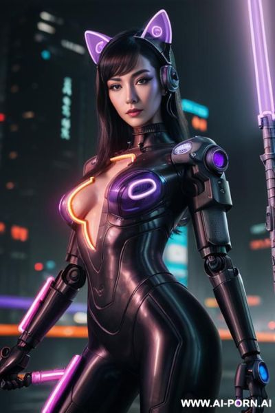 Beautiful realistic woman ((woman fully robotic mechanic body)), (((holding electric and luminous neon violet spear))), ultra detailed, finely detail, highly detailed face, highly detailed eyes, highly - ai-porn.ai on pornintellect.com