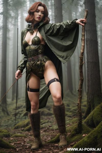 (holding a bow in hand), (wearing a camouflage raincoat) - ai-porn.ai on pornintellect.com