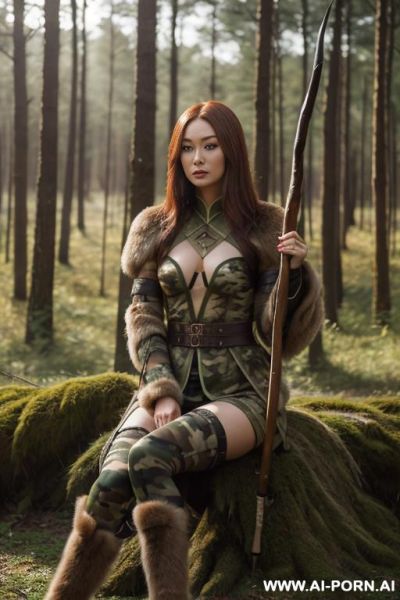 (holding a longbow in right hand), (wearing a camouflage cloack) - ai-porn.ai on pornintellect.com