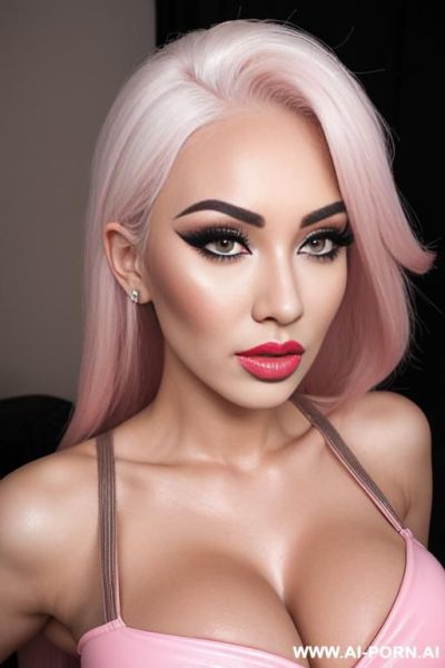 Bimbo, bimbofication, tanned, gigantic fake breasts, lip injections, gigantic fake lips, tight pink dress, dollification, big dramatic eyelashes, long nails, transgender - ai-porn.ai on pornintellect.com