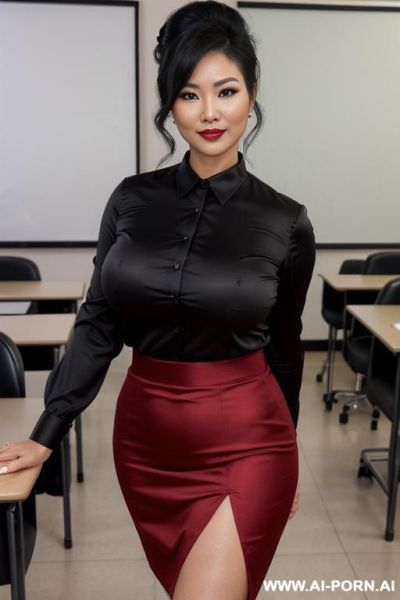 Gigantic boobs asian milf is wearing black skirt and red satin full long-sleeve buttoned shirt, detailed face, seductive smirk, walking in class - ai-porn.ai on pornintellect.com