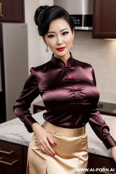 Busty chinese milf is wearing skirt and satin buttoned shirt, detailed face, seductive smirk. walking in a kitchen - ai-porn.ai - China on pornintellect.com