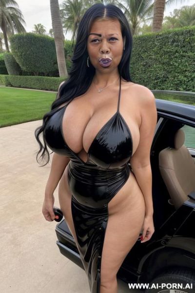 Bimbo bitch, housewife, hourglass body, bimbo lips, gigantic fake boobs, curvy body, pretty plastic surgery face, full body view, ((keep body)), arriving at mansion standing next to limo outfront of mansion, reality tv style picture, - ai-porn.ai on pornintellect.com