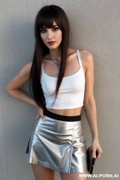 Slited straight silver skirt, long hair, long top - ai-porn.ai on pornintellect.com