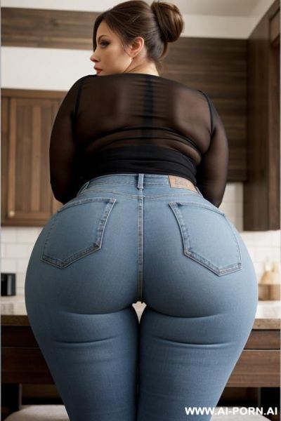 Big, thick thighs and ass. big ass in tight jeans. big ass in jeans. middle-aged woman. hourglass figure. big, bare breasts. hair in a bun. hair pulled back. - ai-porn.ai on pornintellect.com