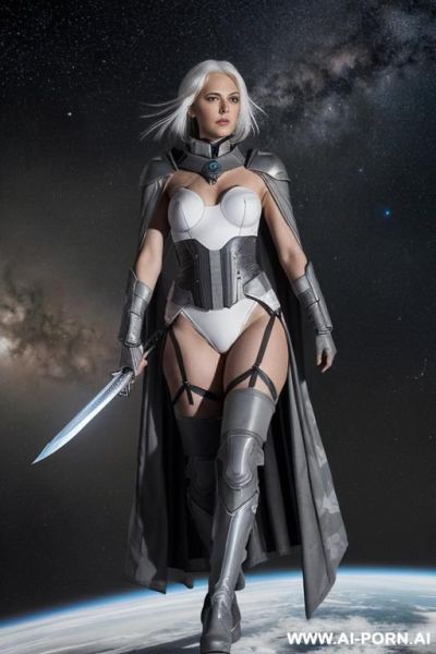 Aegis space, sinewy athletic body, (topless), ((dark-(gray skin))), ((dark-(gray color of the face))), (elegant breasts), dominant woman, proud body pose, ( elegant shape), front view, (eye contact), - ai-porn.ai on pornintellect.com