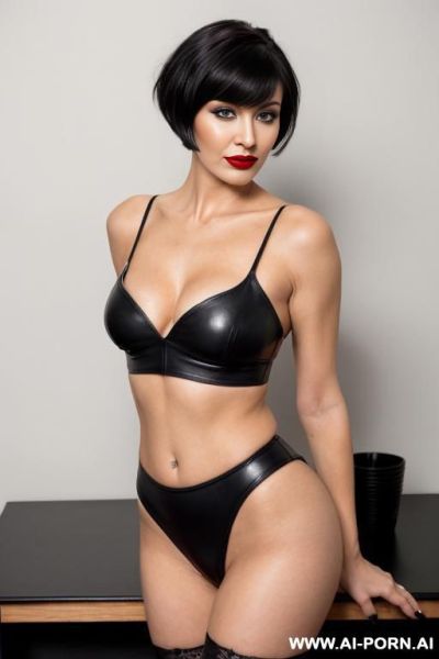 The image is a portrait of a woman posing in a studio. she is standing in front of a wooden desk with her body slightly turned to the side. the woman is wearing a black crop top and - ai-porn.ai on pornintellect.com