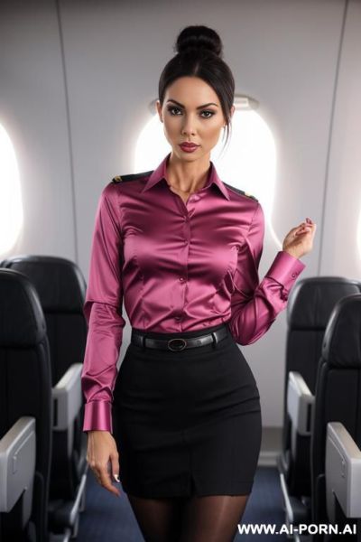 Tight collared shirt, ironed magenta long sleeved collared shirt, black pencil skirt, stockings, hair bun, flight crew, plane - ai-porn.ai on pornintellect.com