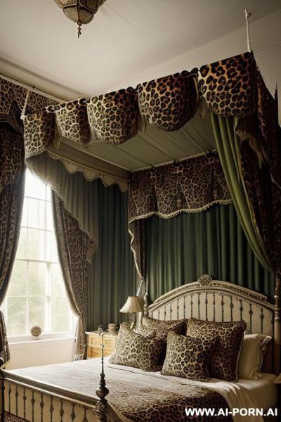 Victorian era castle bedroom, ((woman bouncing up and down on dildo)), (leopard print castle bedding), medieval era mansion bedroom, (((canopy bed with bed curtains))) - ai-porn.ai on pornintellect.com