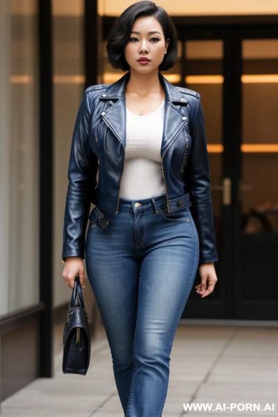 Short hair, big tits, wide hips, thick thighs, big ass, asian, blue jeans, leather jacket - ai-porn.ai on pornintellect.com