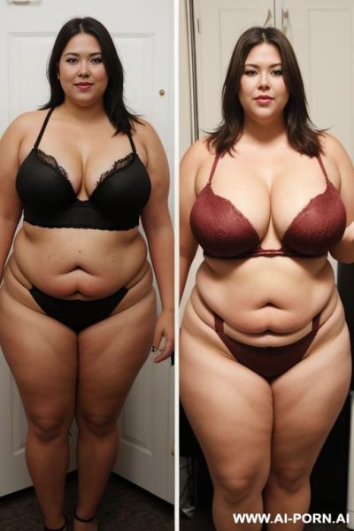 Before after pic stye of a chubby puffy curvy woman eating in a w gain contest - ai-porn.ai on pornintellect.com