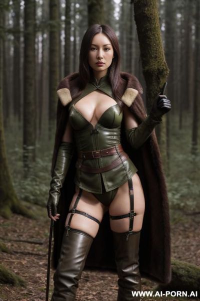 (topless), wears leather gloves, wears khaki camouflage cloak, wears leather belt, wears leather boots, holding a bow in hand - ai-porn.ai on pornintellect.com