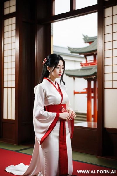 A oracle praying in temple, white and red - ai-porn.ai on pornintellect.com