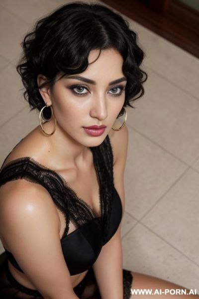Wavy hair, short hair, hoop earrings, black eye color, on the knees, eye contact, very heavy eye makeup, - ai-porn.ai on pornintellect.com