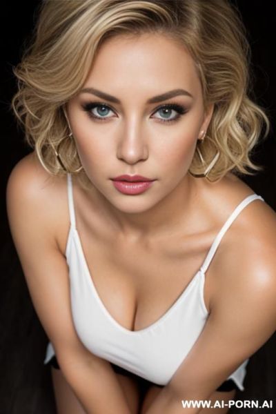 Blonde, wavy hair, short hair, hoop earrings, dark brown eyes, on the knees, eye contact, from above, heavy eye makeup, pouting lips - ai-porn.ai on pornintellect.com