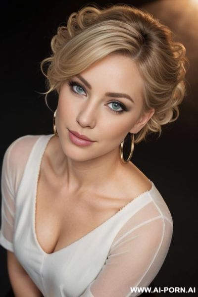 Blonde, wavy hair, short hair, hoop earrings, dark brown eye color, on the knees, eye contact, from above, very heavy eye makeup, - ai-porn.ai on pornintellect.com
