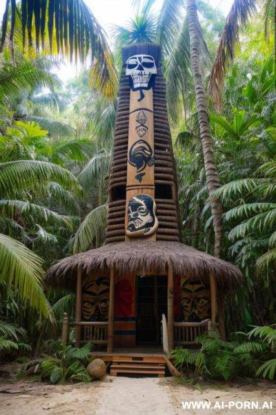 On a pirate beach. old totem in the jungle on the left - ai-porn.ai on pornintellect.com