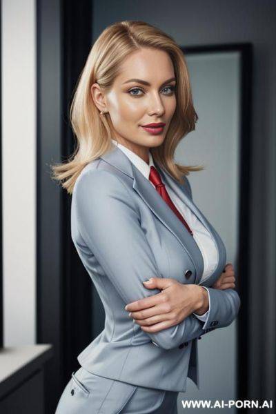 ((secretary uniform)), ((office shirt)), ((tie)), ((twill double breasted blazer)), ((office pants)), ((light blue outfit)), looking in a mirror - ai-porn.ai on pornintellect.com