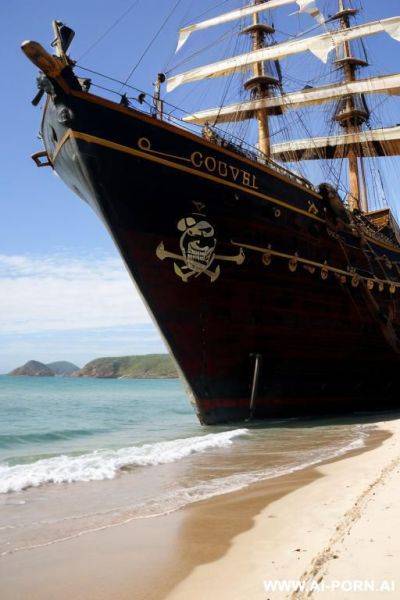 On a pirate beach. in the front of huge pirate ship. sad face - ai-porn.ai on pornintellect.com