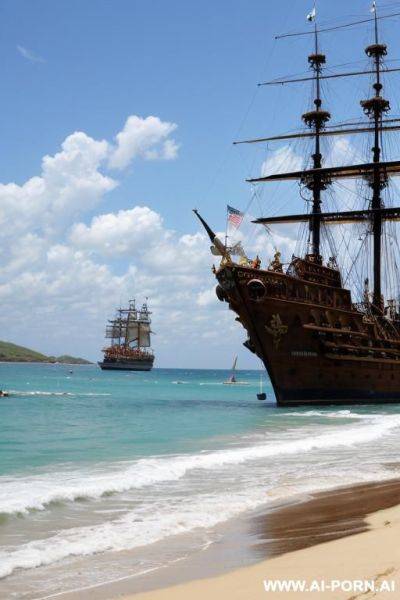 On a pirate beach. in the front of huge pirate ship. sad - ai-porn.ai on pornintellect.com