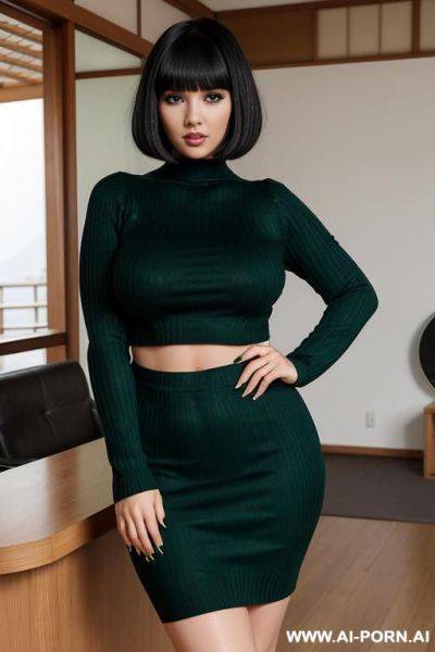 Long sleeve long dark green sweater dress, white crop top fur coat - ai-porn.ai on pornintellect.com