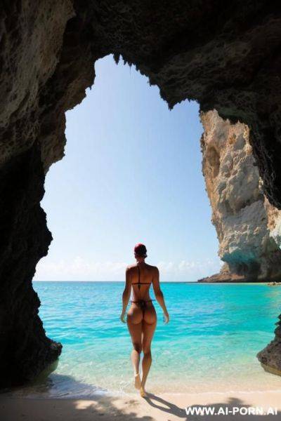 On a pirate beach. inside the cave. dive into the water.view from back. swimming woman diving - ai-porn.ai on pornintellect.com