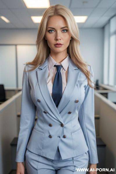 ((secretary uniform)), ((office shirt)), ((tie)), ((twill double breasted blazer)), ((office pants)), ((light blue outfit)) - ai-porn.ai on pornintellect.com