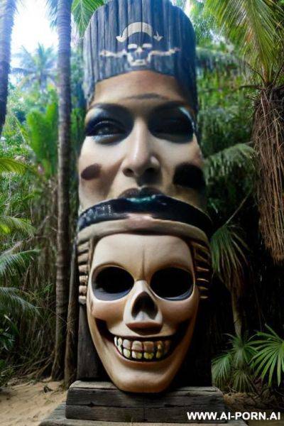 On a pirate beach. smiling. old totem in the jungle - ai-porn.ai on pornintellect.com