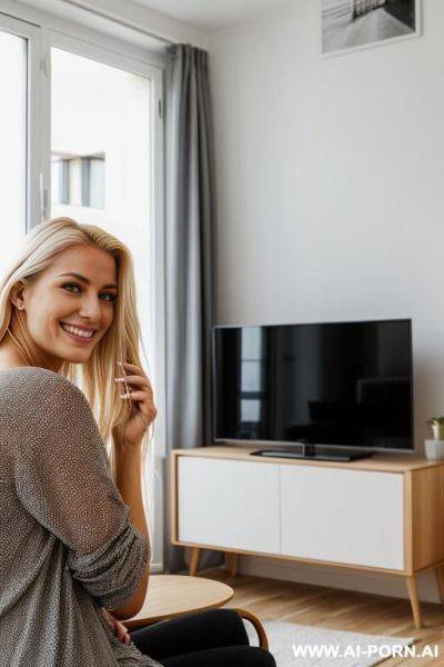 Inside an appartment.evening night. watching tv. smiling - ai-porn.ai on pornintellect.com