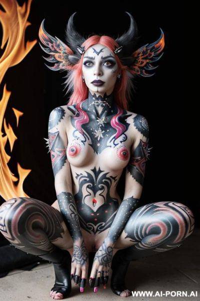 Extremely tall supermodel cutie, slender, skiny, completely naked, super long legs, ((very long hair)), goddess of fire, ((whole body covered in fire)), he’ll, epic, fantasy wings, unusual skin - ai-porn.ai on pornintellect.com