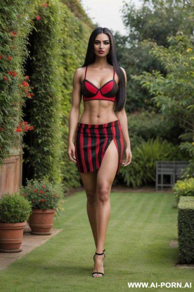 Indian, long hair, fit, abs, muscular arms, big ass, tall, long legs, navel piercing, red black stripes bra, red pleat skirt, looking at camera, full body, stiletto, in garden - ai-porn.ai - India on pornintellect.com