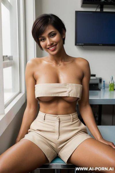 Indian, 1, ((wearing only shorts)), ((topless)), ((beautiful face)), smiling, ((brown tanned skin)), delicate, standing, coffee shop - ai-porn.ai - India on pornintellect.com