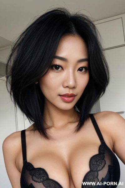 Asian sexy woman, messy hair, bobs, black push up bra, hand on hair, front view - ai-porn.ai on pornintellect.com